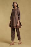 Ritu Kumar_Brown Yarn Dyed Cotton-earthy Printed Striped Round Kurta And Pant Set _Online_at_Aza_Fashions