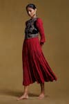 Ritu Kumar_Red Viscose Silk Embroidered Floral Dress Round Neck Crinkled With Jacket _Online_at_Aza_Fashions