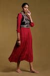 Buy_Ritu Kumar_Red Viscose Silk Embroidered Floral Dress Round Neck Crinkled With Jacket _Online_at_Aza_Fashions