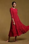 Shop_Ritu Kumar_Red Viscose Silk Embroidered Floral Dress Round Neck Crinkled With Jacket _Online_at_Aza_Fashions