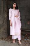 TINA EAPEN COLLECTIVE_Pink Cotton Silk Woven Geometric Leaf Neck Kurta And Pant Set _Online_at_Aza_Fashions