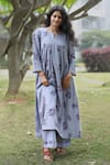 TINA EAPEN COLLECTIVE_Purple Cotton Printed Garden Notched Anarkali And Flared Pant Set _Online_at_Aza_Fashions