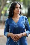 Shop_Tina Eapen Collective_Blue Cotton Floral V Neck Straight Kurta And Pant Set_Online_at_Aza_Fashions