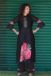 Tina Eapen Collective_Black Chanderi Silk Print Rose Bloom Stand Collar Kurta With Pant_Online_at_Aza_Fashions