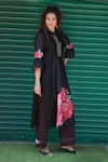 Buy_Tina Eapen Collective_Black Chanderi Silk Print Rose Bloom Stand Collar Kurta With Pant_Online_at_Aza_Fashions