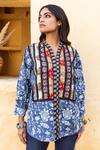 Gulabo Jaipur_Blue Cotton Printed Floral V Neck Zia Pattern Top For Women_Online_at_Aza_Fashions