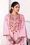 Gulabo Jaipur_Peach Cotton Embroidery Round Neck Arzu Kurta And Pant Set _Online_at_Aza_Fashions
