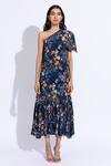 Aroop Shop India_Blue Cotton, Silk Asymmetric Keke Lupine Print Dress _Online_at_Aza_Fashions