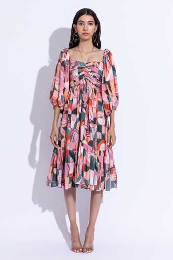 Shop_Aroop Shop India_Multi Color Cotton, Silk Halter Neck Daisy Azalea Print Dress _at_Aza_Fashions