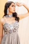 Silky Bindra_Grey Crepe, Shantoon, Tulle Net Round Embroidered Peplum Kurta And Sharara Set _Online_at_Aza_Fashions