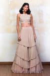 Buy_Izzumi Mehta_Beige Lehenga Crepe Blouse Organza Round Zardozi Embroidered Set _at_Aza_Fashions