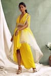 Buy_Priyanka Jain_Yellow Cape Organza V Neck And Draped Skirt Set _Online_at_Aza_Fashions