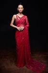 Buy_Sawan Gandhi_Red Net Embellished Crystal One Shoulder Saree With Blouse  _at_Aza_Fashions