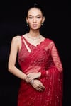 Shop_Sawan Gandhi_Red Net Embellished Crystal One Shoulder Saree With Blouse  _at_Aza_Fashions