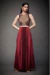 RI.Ritu Kumar_Maroon Blouse 100% Viscose Skirt 100% Polyester Crop Top And Pleated Set _Online_at_Aza_Fashions