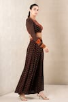 Ritu Kumar_Black Rayon Crepe Printed Floral And Geometric Motifs Crew Palazzo & Crop Top Set _Online_at_Aza_Fashions