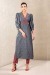 Buy_Ritu Kumar_Blue Kurta Poly Velvet Embroidery V Neck Printed And Pant Set_at_Aza_Fashions