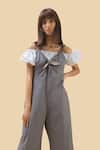 Buy_Chillosophy_Grey Poplin V Neck Jumpsuit With Front Knot  _at_Aza_Fashions