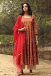 Shop_Gulabo Jaipur_Red Kurta Cotton Pant Chikan Cotton Dupatta Floral Block Print Anarkali Set _Online_at_Aza_Fashions