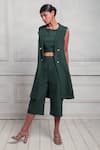 Buy_Couche_Green Doble Crepe Lana Stich Plain Lapel Collar Duster And Culotte Set  _Online_at_Aza_Fashions