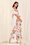 AK-OK_White Silk Print Ostrich V Neck Floral Kaftan  _Online_at_Aza_Fashions