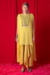 Enech_Yellow Shimmer Georgette Embroidered Kimono Tunic And Draped Skirt Set  _Online_at_Aza_Fashions