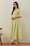 THE INDIAN CAUSE_Green Cotton Embroidery Sequin V Neck Markab Sleeve Anarkali And Palazzo Set _Online_at_Aza_Fashions