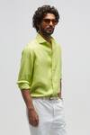 Terra Luna_Green 100% Linen Spread Collar Shirt _Online_at_Aza_Fashions