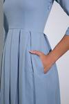 Pocketful Of Cherrie_Blue Crepe Plain V Neck Three Quarter Sleeve Box Pleated Dress _Online_at_Aza_Fashions