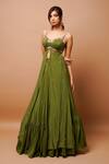 Ahi Clothing_Green Heavy Crepe Embroidery Moti Front-slit Kurta And Ruffle Hem Lehenga Set _Online_at_Aza_Fashions