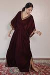 Shrutkirti_Purple Silk Velvet Embroidery Pipe V Neck Kaftan _Online_at_Aza_Fashions