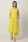 Musal_Yellow Cotton Linen Embroidery Heart Motifs V Kalie Angarkha Kurta Pant Set _Online_at_Aza_Fashions