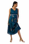 Meghna Shah_Blue Denim Beads, Stones V-neck Hand Embroidered Dress With Belt _Online_at_Aza_Fashions