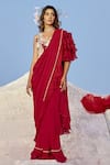 Nikita Vishakha_Red Organza, Georgette, Jacquard Embroidery V-neck Hand Saree With Blouse _Online_at_Aza_Fashions