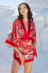 Tizzi_Red Chiffon Satin Printed Floral Plunge V Neck Cover-up _Online_at_Aza_Fashions