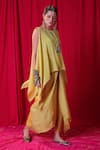 Enech_Yellow Shimmer Georgette Embellished Kimono Cape And Draped Skirt Set  _Online_at_Aza_Fashions