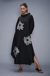 Taika by Poonam Bhagat_Black Cotton Silk Embroidered Silver Petals Collared Neck Dress  _Online_at_Aza_Fashions