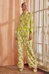 Label Deepika Nagpal_Green Shirt Pearl Chiffon Floral Mandarin Amyra Pattern Kimono With Pant _Online_at_Aza_Fashions