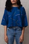 BANANA labs_Blue Cotton Printed Stripe Round Crop Top _Online_at_Aza_Fashions