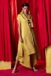 Enech_Yellow Muslin Modal Lapel Asymmetric Tunic And Palazzo Set  _Online_at_Aza_Fashions