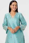 Mehak Murpana_Blue Raw Silk Embroidery Geometric V Neck Floral Kurta And Pant Set _Online_at_Aza_Fashions