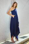Style Junkiie_Blue Crepe, Georgette Sequins, Tassels Embroidered One Shoulder Cape Dress_Online_at_Aza_Fashions