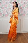 Paaprika_Orange Pure Spun Silk Handwoven Zari Floral And Stripe Pattern Saree _Online_at_Aza_Fashions