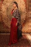 Aditi Gupta_Red Satin, Lycra, Silk Embroidery V-neck Pre-draped Saree With Blouse _Online_at_Aza_Fashions