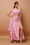 Ahi Clothing_Pink Natural Crepe Hand Embroidered Beads V Neck Border Long Shrug And Skirt Set _Online_at_Aza_Fashions