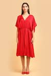 LABEL IVISH_Red Pure Silk Charmeuse Satin Plain Batwing Sleeve Gathered Dress  _Online_at_Aza_Fashions