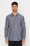 Lacquer Embassy_Blue Cotton Embroidery Abstract Motif Chambray Shirt _Online_at_Aza_Fashions