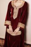 Shrutkirti_Red Silk Velvet Embellished Round Notched Zoya Kurta Palazzo Set _Online_at_Aza_Fashions