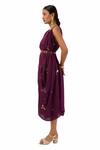 Meghna Shah_Wine Denim Beads, Stones Asymmetric Hand Embroidered Cowl Dress With Belt _Online_at_Aza_Fashions