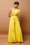 Ahi Clothing_Yellow Natural Crepe Hand Embroidered Zardosi One Shoulder Bustier And Palazzo Set _Online_at_Aza_Fashions